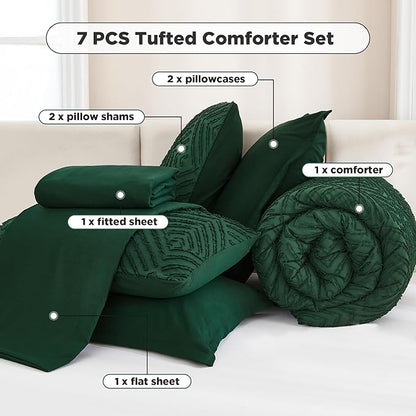 Andency California King Comforter Set Dark Emerald Green - 7 Pieces Bed in a Bag Cal King Bedding Comforter Sets, Tufted Lightweight Fluffy Bed Set with Comforter, Sheets, Pillowcases & Shams