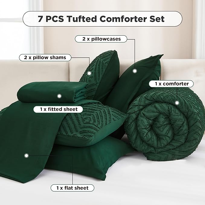 Andency Super King Plus Comforter Set Dark Emerald Green - 7 Pieces Bed in a Bag Oversized King Bedding Sets, Boho Tufted Lightweight Fluffy Bed Set with Comforter, Sheets, Pillowcases & Shams