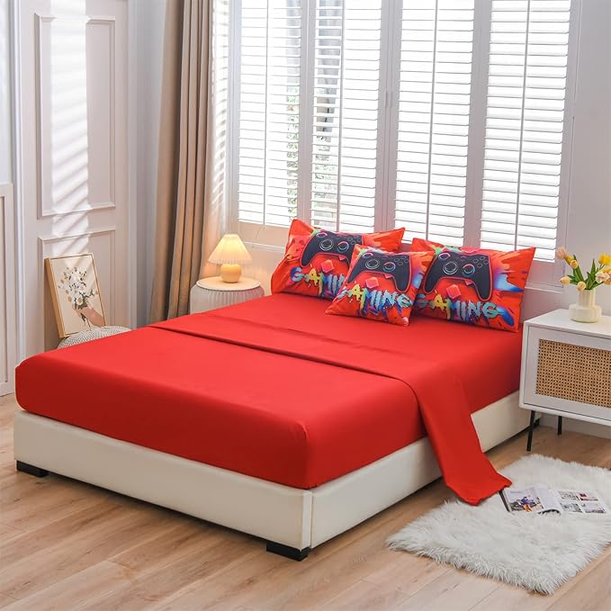 Aimuan Gaming Comforter Sets for Boys Kids Bedding Sets Video Games Console Action Buttons Novelty Colorful Game Gamepad Controller Modern Gamer Room Decor Home Quilt Set (Twin 6 Pcs, Red)