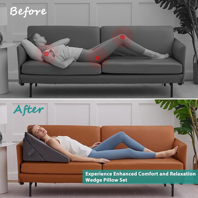 Wedge Pillow for Sleeping, Adjustable 9&12 Inch Foldable Bed Wedge Pillow Set, Orthopedic Memory Foam Triangle Pillows Wedge, 7-in-1 Elevated Pillows for Leg and Back Support, Velvet
