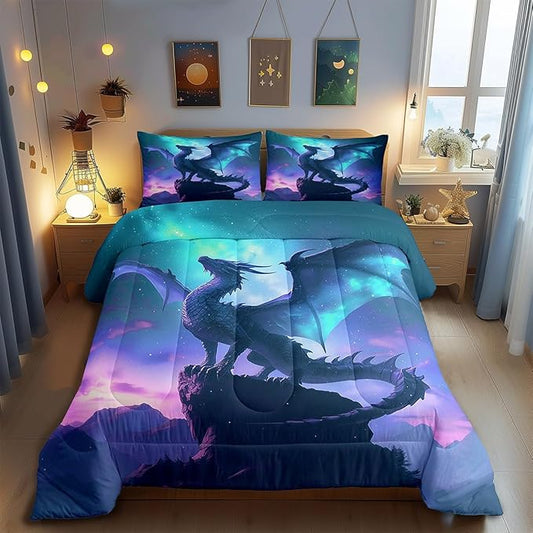 Blue Purple Nebula Galaxy Bedding Set for Kids Boys Girls Room Decor,Dragon Comforter Set Twin Size,Mountain Wildlife Nature Duvet Insert 2Pcs,Western Magical Dragon Soft Quilt Set,1 Pillowcase
