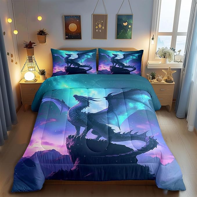 Dragon Comforter Set Queen Size,Blue Purple Nebula Galaxy Bedding Set for Kids Boys Girls Room Decor,Mountain Wildlife Nature Duvet Insert 3Pcs,Western Magical Dragon Soft Quilt Set,2 Pillowcases