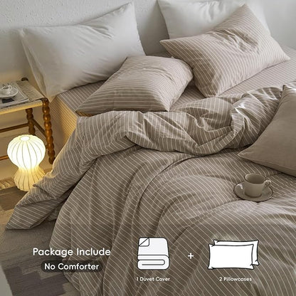 Nayoroom Brown Striped Duvet Cover King Size 100% Washed Cotton White Pinstripe Duvet Cover 3 Pieces Soft Breathable Girls Dorm Bedding Set for Hot Sleepers, Yarn Dyed Process