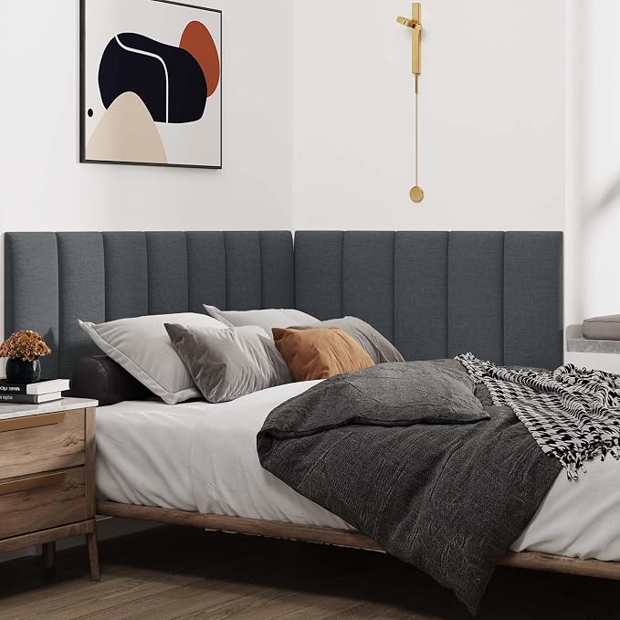 IFNOW Wall Mounted Headboard, Peel and Stick Panels, Black, Queen | 3D Soundproof Acoustic Padding, Reusable and Removable Tufted fabric Bed Headboard for bedroom (6 Panels, 10" x 24")