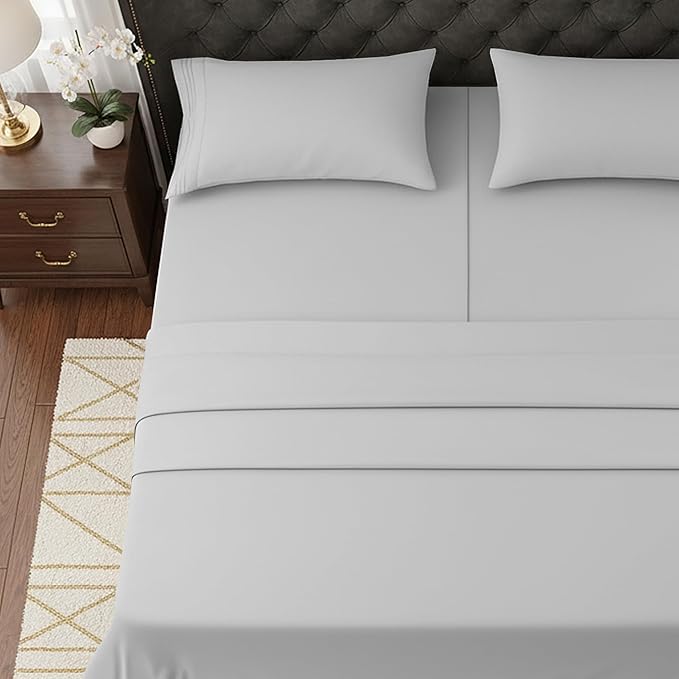 Elegant Comfort Luxurious 1500 Premium Hotel Quality Microfiber Three Line Embroidered Softest 5-Piece Bed Sheet Set, Wrinkle and Fade Resistant, Split King, Silver