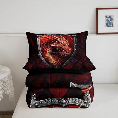 Castle Fairy Dragon 3 Pcs Queen Size Comforter Set,Dragon Scales Down Alternative Adults Room Decor,Western Fierce Animals Ultra Soft Microfiber Inner Fill 3Pcs Bedding