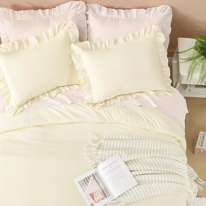 Litanika Cream King Size Comforter Set, 3 Pieces Ruffle Farmhouse Aesthetic Bedding Comforter Set, All Season Soft Lightweight Fluffy Microfiber Bed Set(104x90In Comforter, 2 Pillowcases)