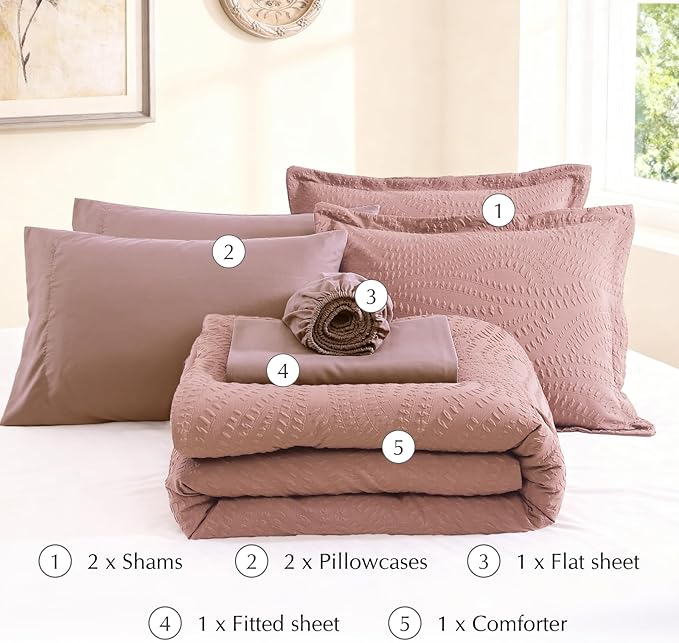 Geniospin Full Size Comforter Set - 7 Pieces Dusty Pink Bedding Set, Botanical Textured Comforter Bed Set, All Season Lightweight Bed in a Bag with Comforter, Sheets, Pillowcases & Shams