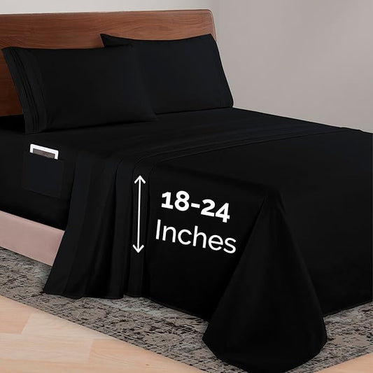 Elegant Comfort Luxurious 1500 Premium Hotel Quality Microfiber 4-Piece Sheet Set, 18-24 Inches Deep - Extra Deep Pocket Sheets - Ultra Soft 4PC Deep Pocket Sheets, Queen, Black