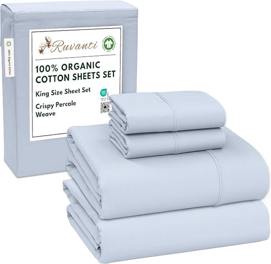 RUVANTI 100% Organic Cotton Sheets King Size, Percale Weave, GOTS Certified, 4-Piece Set, Deep Pocket 15", Crisp & Breathable, Soft Durable Bedding, Sábanas Algodón Orgánico – Arctic Ice
