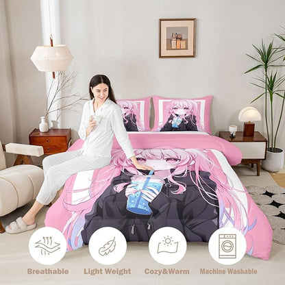 Erosebridal 3D Japanese Kids Comforter Set | Anime Girl Drinking Milk Tea Bedding Full Size Cute Kawaii Girly Down Comforter Modern Fashion Aesthetic Duvet Set for Bedroom