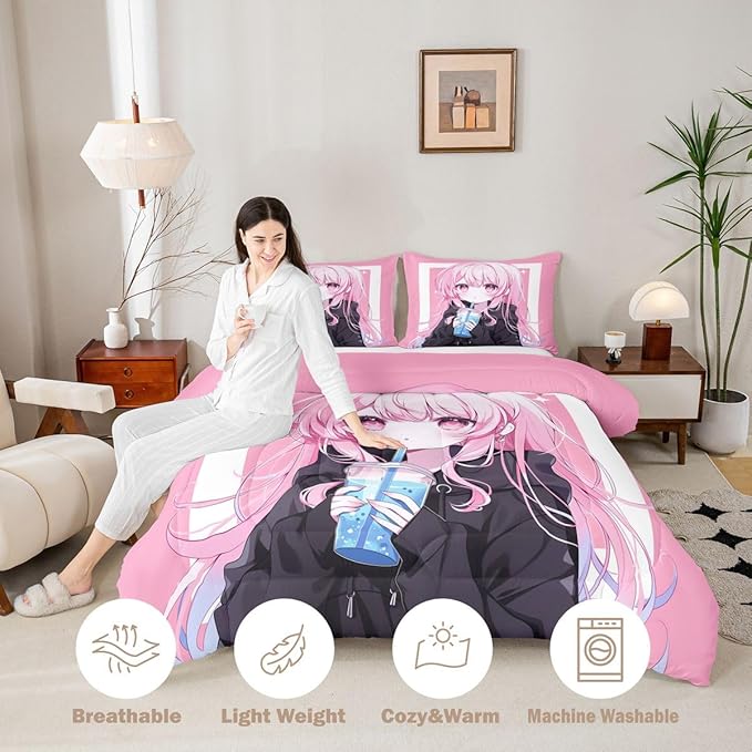Erosebridal 3D Japanese Kids Comforter Set | Anime Girl Drinking Milk Tea Bedding Queen Size Cute Kawaii Girly Down Comforter Modern Fashion Aesthetic Duvet Set for Bedroom
