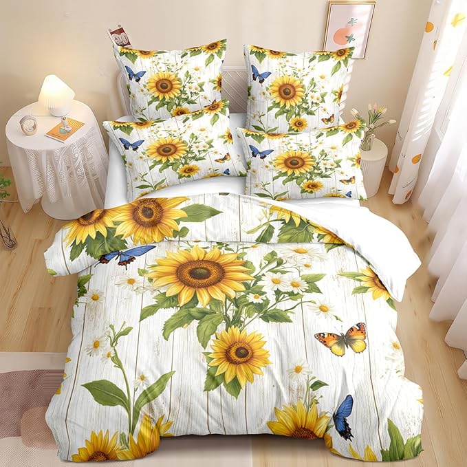 Farmhouse Sunflower Comforter Set Queen White Daisy Bedding Set for Girls Boys Kids Gardern Rustic Botanical Flower Comforter Flowers Butterfly Bedding Soft Lightweight Comforter Sets