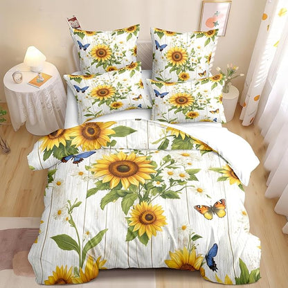 Farmhouse Sunflower Comforter Set Queen White Daisy Bedding Set for Girls Boys Kids Gardern Rustic Botanical Flower Comforter Flowers Butterfly Bedding Soft Lightweight Comforter Sets
