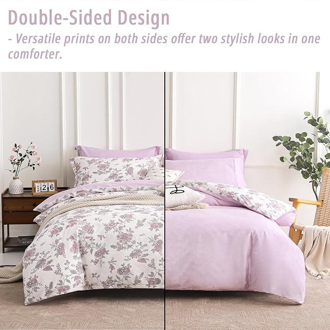 Pink Floral Cotton Comforter Queen Size 3PC - Vintage Romantic Botanical on Soft White with Smoky Pink Floral Reverse – Cozy Reversible Lightweight Comforter Set with Soft Fill(90"×90")