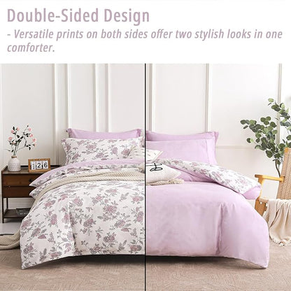 Pink Floral Cotton Comforter Queen Size 3PC - Vintage Romantic Botanical on Soft White with Smoky Pink Floral Reverse – Cozy Reversible Lightweight Comforter Set with Soft Fill(90"×90")
