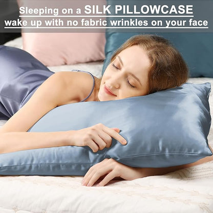 Ravmix Silk Pillow Cases with Zipper, 21momme Mulberry Silk Pillowcase for Hair Skin Health, Soft Smooth Breathable Cool Pillow Cover for Beauty Sleep with Gift Box 1PC(King 20"x36", Flint Blue)