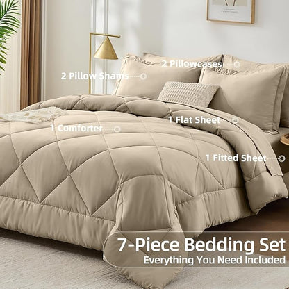 FUANNA 7 Pieces California King Size Comforter Set, All Season Bed in a Bag Cal King Size, Luxury Soft Bedding Sets with Comforter, Flat Sheet, Fitted Sheet, Pillowcases & Pillow Shams, Oatmeal