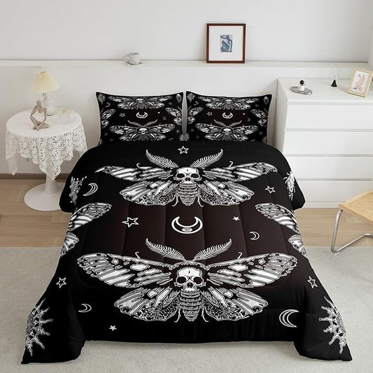 Feelyou Boys Boho Moth Comforter Set Twin Size Men Gothic Skull Bedding Set for Girls Women Bedroom Decor Bohemian Moon Star Comforter Personalized Moth Skull Skeleton Bones Duvet Set Teens Quilt Set