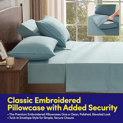 Split Head King Sheets Set for Adjustable Beds 4 Piece Flex Top Bed Sheets – Deep Pocket Split Top Fitted Sheet with Built-in Corner Straps, Luxury Soft Cooling Bedding, Wrinkle Resistant, Misty Blue