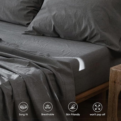 MooMee Fitted Bottom Sheet Only 100% Washed Cotton Linen Like Textured Breathable Durable Soft Comfy Deep Pocket Fits Mattress up to 17" (Dark Grey, Queen)