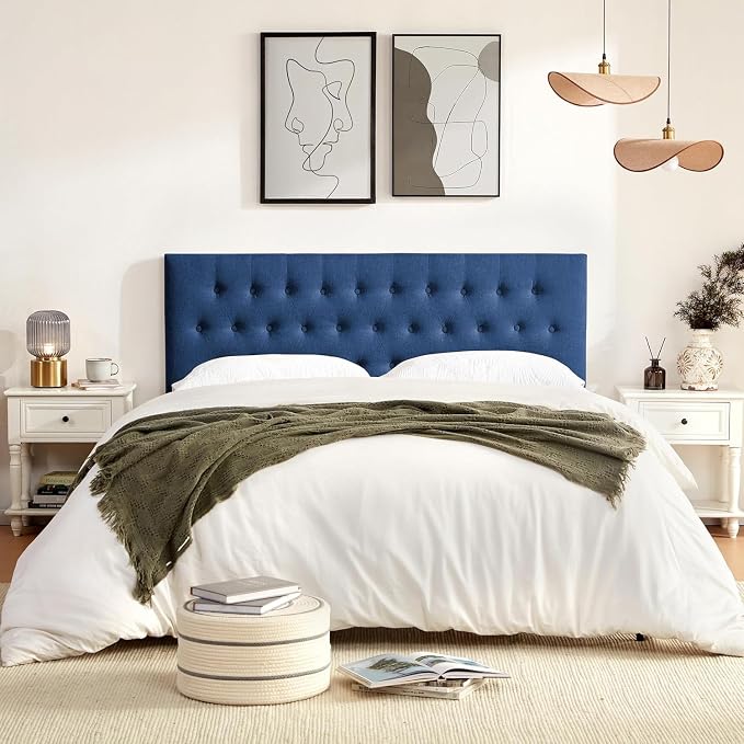 Tufted Upholstered Headboard Queen Size, Adjustable Height 37- 51 in, Blue | Sturdy and Durable Solid Wood Bed Headboard, Fabric Queen Headboard Only, Modern Button Diamond Design Head Board