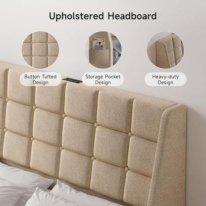 Ergonomic Upholstered Full Size Headboard w/Charging Station, Linen Wingback Headboards w/Storage Pocket, Full Headboard Only, Bed Frame Adapters, Sturdy Solid Wood Bed Head Board, Beige