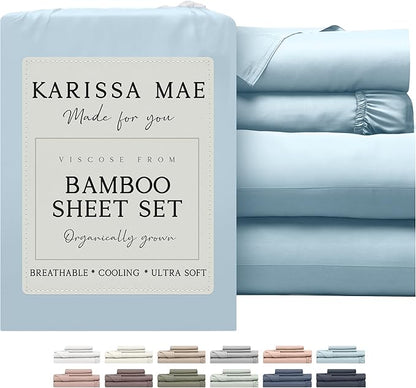 KARISSA MAE Cooling Bamboo Viscose Queen Sheet Set | 100% FSC Certified | 18” Deep Pocket | Silky, Soft, & Hypoallergenic | with Organizer Band & Elastic Corner Straps [Coastal Blue]