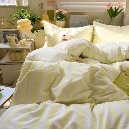 EAVD Yellow and White Vertical Striped Duvet Cover King Soft Washed Microfiber Farmhouse Yellow Striped Bedding Set with 2 Pillowcases Reversible Geometric Pattern Duvet Cover with Zipper Closure