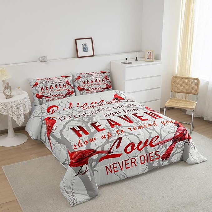 Feelyou Cardinal Bird Comforter Set King Size Farmhouse Red Birds Bedding Set for Girls Boys Women Men Tree Branches Decor Comforter Nature Comforter with 2 Pillow Case