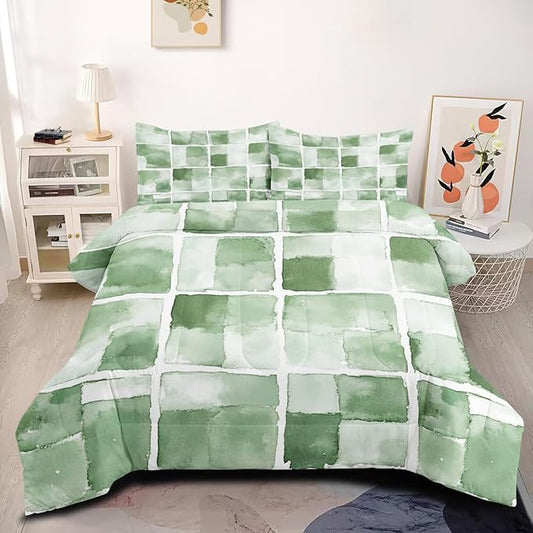 Girls Boys Gingham Bedding Set Twin Size, 2 Pieces Green Plaids Comforter Set, 100% Microfiber, Includes 1 Comforter (68" x 90") and 1 Pillowcase