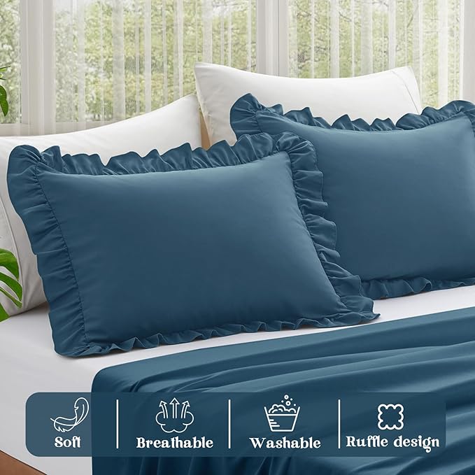 KKJIAF Ruffle Pillow Cases Standard Size Set of 2, Ruffled Pillow Covers with Envelope Closure, Wrinkle Resistant Ruffled Pillow Shams 20" x 26", Dark Blue