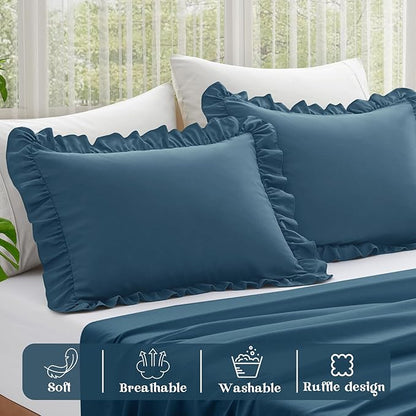 KKJIAF Ruffle Pillow Cases King Size Set of 2, Ruffled Pillow Covers with Envelope Closure, Wrinkle Resistant Ruffled Pillow Shams 20" x 36", Dark Blue