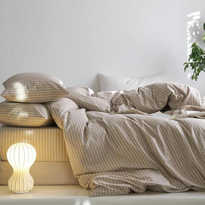 Nayoroom Brown Striped Duvet Cover King Size 100% Washed Cotton White Pinstripe Duvet Cover 3 Pieces Soft Breathable Girls Dorm Bedding Set for Hot Sleepers, Yarn Dyed Process