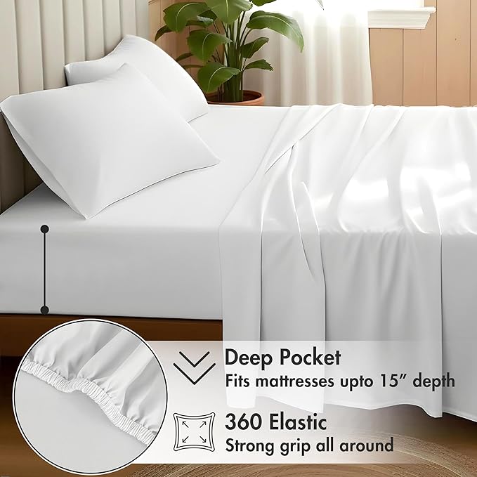 RUVANTI 100% Organic Cotton Sheets Queen Size, Percale Weave, GOTS Certified, 4-Piece Set, Deep Pocket 15", Crisp & Breathable, Soft Durable Bedding, Sábanas Algodón Orgánico – Bright White