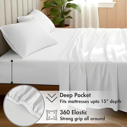 RUVANTI 100% Organic Cotton Sheets Queen Size, Percale Weave, GOTS Certified, 4-Piece Set, Deep Pocket 15", Crisp & Breathable, Soft Durable Bedding, Sábanas Algodón Orgánico – Bright White