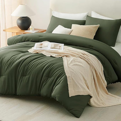 CozyLux Queen Comforter Set Olive Green, 3 Pieces Solid Comforters Queen Size Breathable Bedding Sets, Luxury Soft Lightweight Bed Set with Down Alternative Comforter and 2 Pillowcases All Seasons