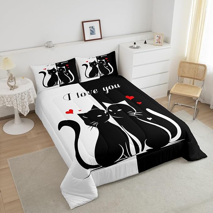 Cats Lovers Bedding Set for Boys Girls,Cute Cat Valentine's Day All Season Cozy Comforter Set Full Size,Black and White Couples Duvet Set Bedroom Décor,Gift for Kids