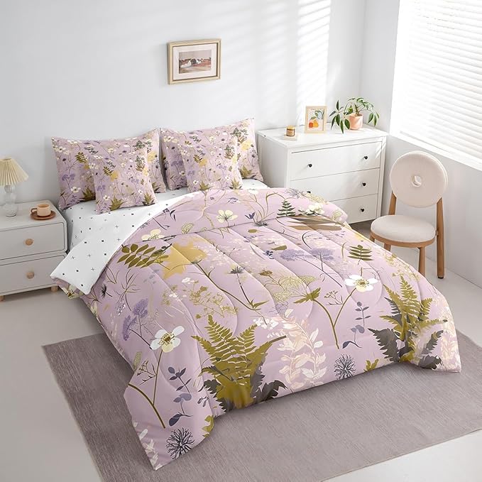 Castle Fairy Rustic Jungle Leaves Comforter Set Bed in a Bag 7 Pieces King,Retro Botanical Flowers Leaves Bedding Set,Farmhouse Style (Comforter+Fitted+Flat Sheet+2 Pillowcases+2 Throw Pillow Covers)