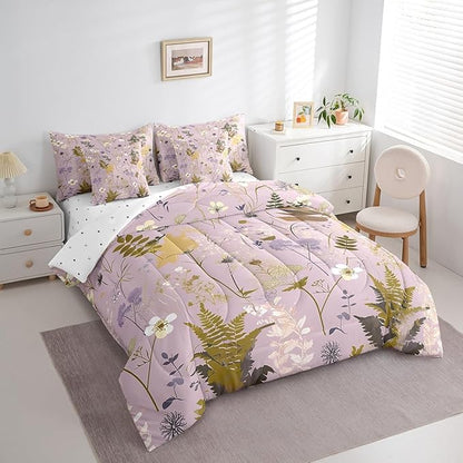 Castle Fairy Rustic Jungle Leaves Comforter Set Bed in a Bag 7 Pieces King,Retro Botanical Flowers Leaves Bedding Set,Farmhouse Style (Comforter+Fitted+Flat Sheet+2 Pillowcases+2 Throw Pillow Covers)