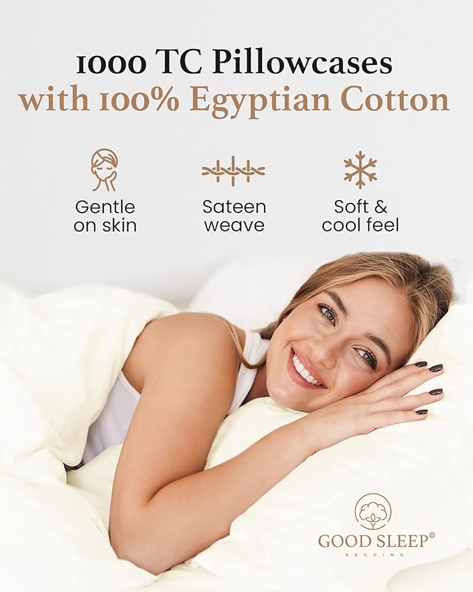 1000 TC Ivory Standard Pillowcases Set of 2 100% Egyptian Cotton Pillow Cases with Long Staple Cotton & Sateen Weave, Silky Soft Hotel - Like Bed Pillow Covers for Comfy Sleeping, Snug Fit