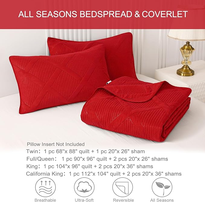 Exclusivo Mezcla King Quilt Set- Red Quilts Bedding Set with 2 Pillow Shams, Modern King Bedspread with Striped Pattern, Soft Lightweight Bedspreads Coverlets for All Seasons