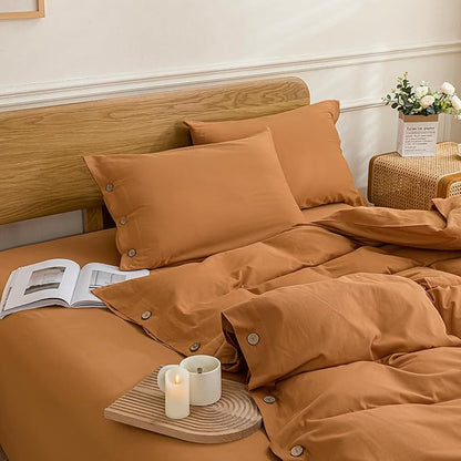 JELLYMONI Cotton Duvet Cover Twin Size - Burnt Orange Comforter Cover with Button 100% Washed Cotton 2PCS Breathable Soft Solid Bedding Set Duvet Cover 68×90in & 1 Pillowcase (NO Comforter)