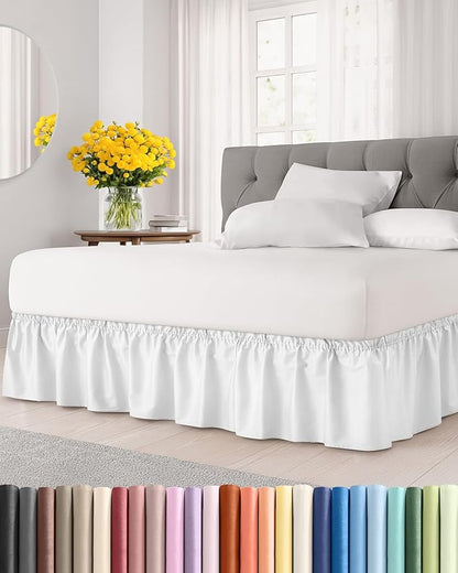 Wrap Around Dust Ruffle Bed Skirt - White - Twin/Twin XL Size Beds with 15 Inch Drop - Easy Fit Elastic Strap - Adjustable Pleated Bedskirt w/Brushed Fabric - Wrinkle Free - Women, Men, Kids & Teens
