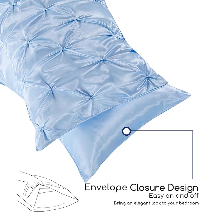 MR&HM Satin Comforter King 7 Pieces - Luxurious Pinch Pleat Bedding Set with Comforter, Flat Sheet, Fitted Sheet, Pillowcases & Shams, Super Silky Soft Bed Set for All Season (King, Light Blue)