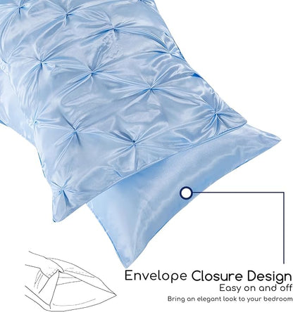 MR&HM Satin Comforter Full 7 Pieces - Luxurious Pinch Pleat Bedding Set with Comforter, Flat Sheet, Fitted Sheet, Pillowcases & Shams, Super Silky Soft Bed Set for All Season (Full, Light Blue)