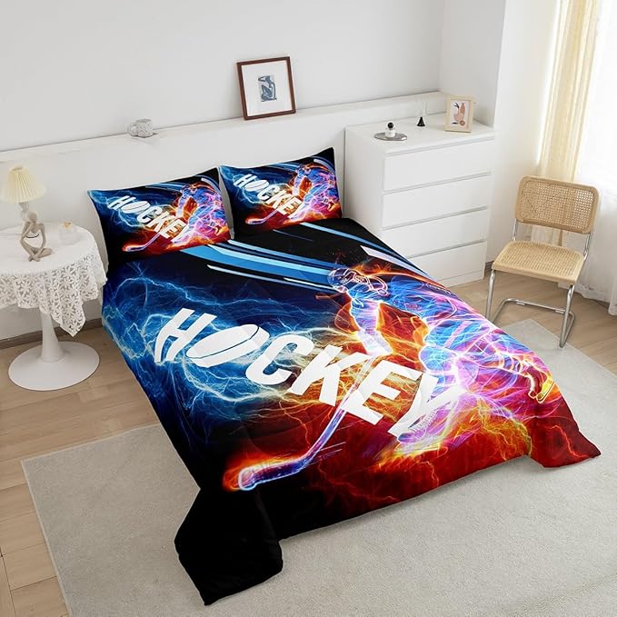 Ice Hockey Comforter Set Full, Puck Hockey Player Bedding Sets for Kids Boys Girls Teens, Red Blue Lightening Duvet Insert, Winter Sports Game Down Comforter Bedroom Decor for All Season, 3 Pieces