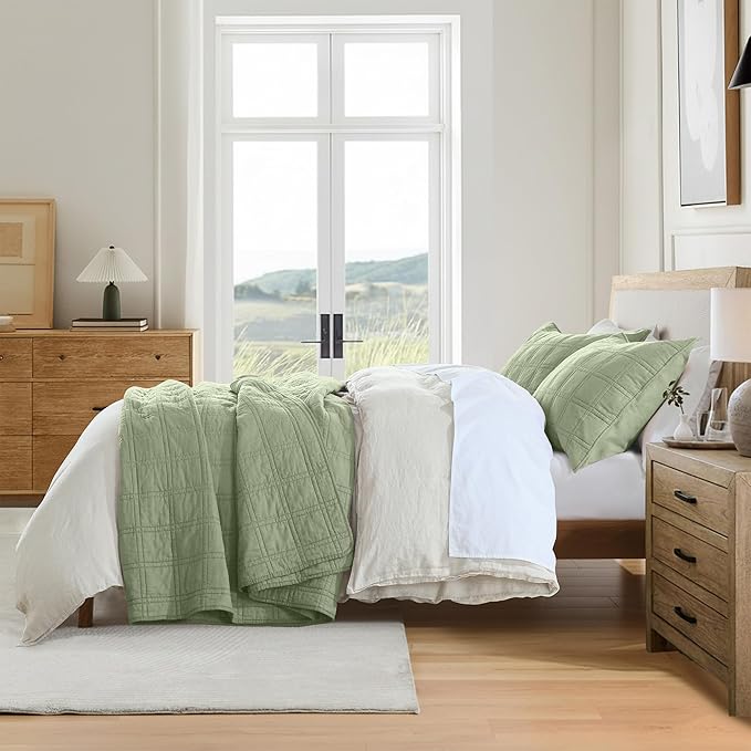 HORIMOTE HOME 100% Cotton Quilt Set Queen Size, Sage Green Pre-Washed Bedspreads Coverlet Set in Geometric Pattern, Cozy Lightweight Stitching Decorative Bedding Cover with 2 Shams for All Season