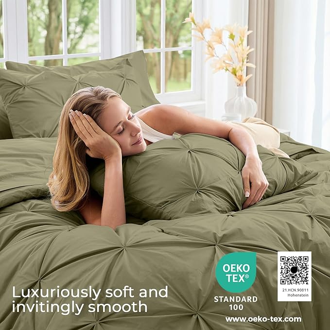 Sasttie Twin XL Comforter Set, 5-Piece Bed in a Bag, Pintuck Bedding Sets for All Season, Includes Comforter, Flat Sheet, Fitted Sheet, Pillowcase and Pillowsham, Olive Green