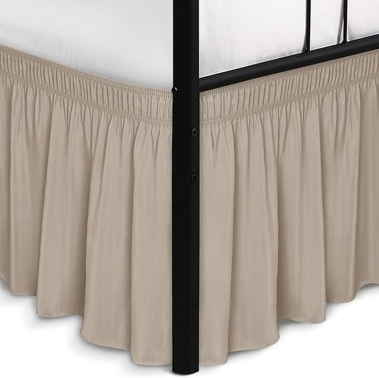 Biscaynebay Wrap Around Bed Skirts with Split Corners for King Beds 17" Drop, Light Camel Elastic Dust Ruffles Easy Fit Wrinkle & Fade Resistant Silky Luxurious Fabric Solid Machine Washable